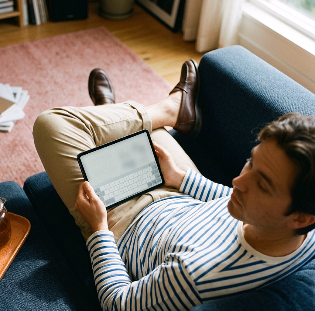 A person using a tablet on a sofa.