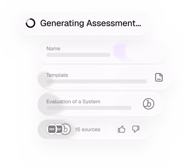 Ketch assessment cards: generating assessment, with name, template and evaluation of a system fields drawn from 15 sources.